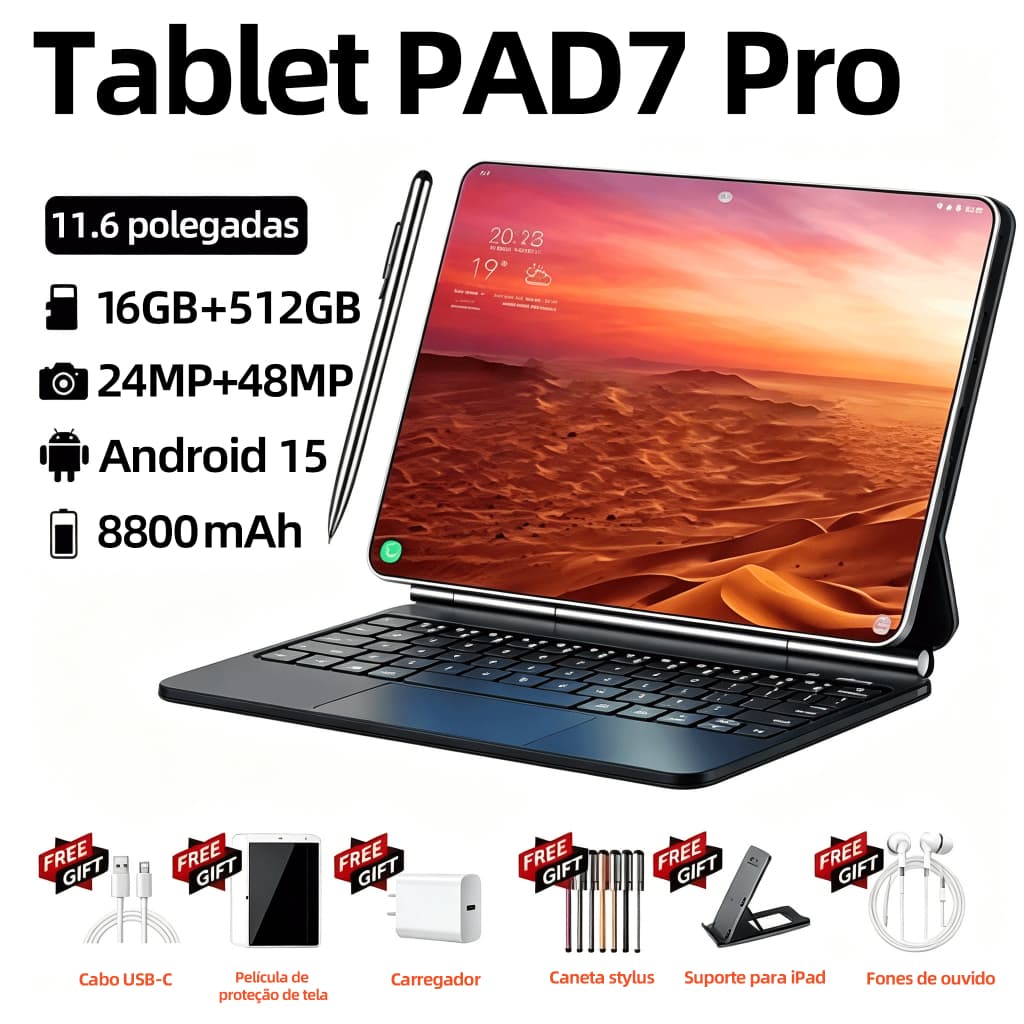Tablet PAD7 Pro com Teclado e Mouse Grátis | 16GB RAM 512GB | Tela HD 11.6" | Android 15 | 5G