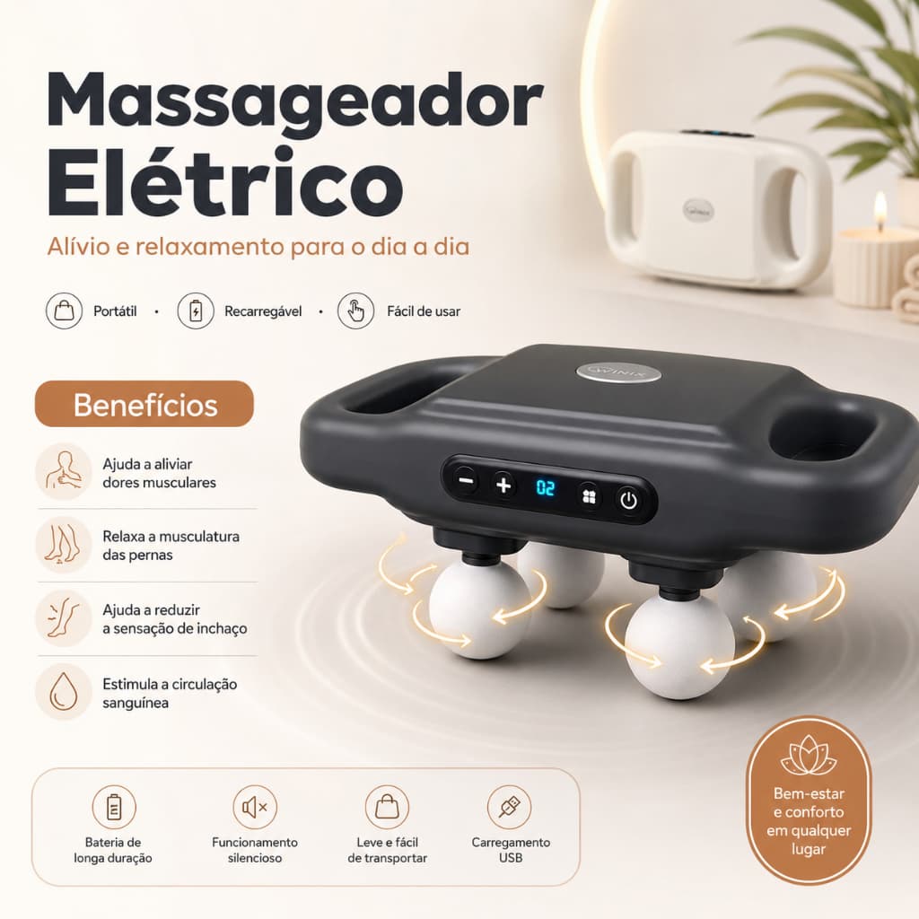 Massageador Eletrico de 4 Cabeças Relaxante Muscular Profundo Profissional Massagem de Corpo