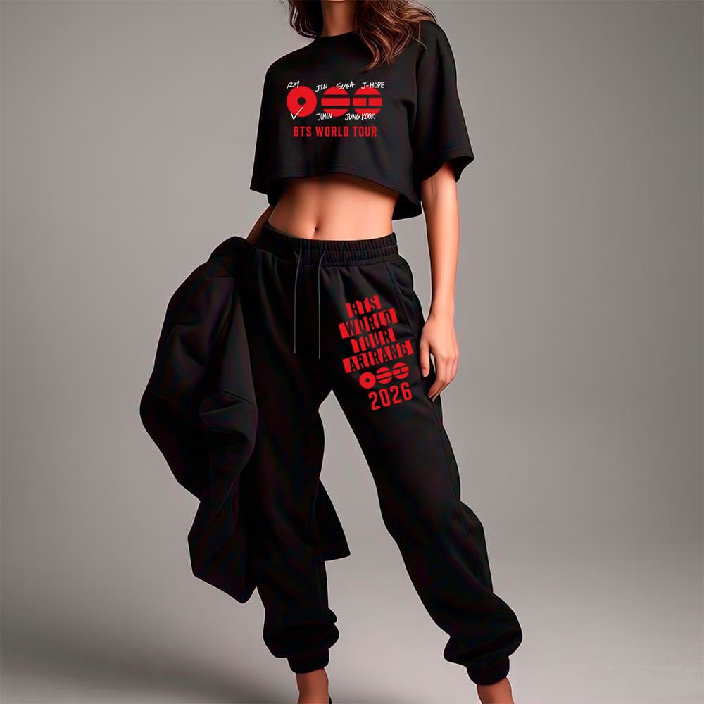 Conjunto Feminino Cropped Oversized e Calça Moletom BTS Bangtan Arirang Tour K-pop StreetwearY2K