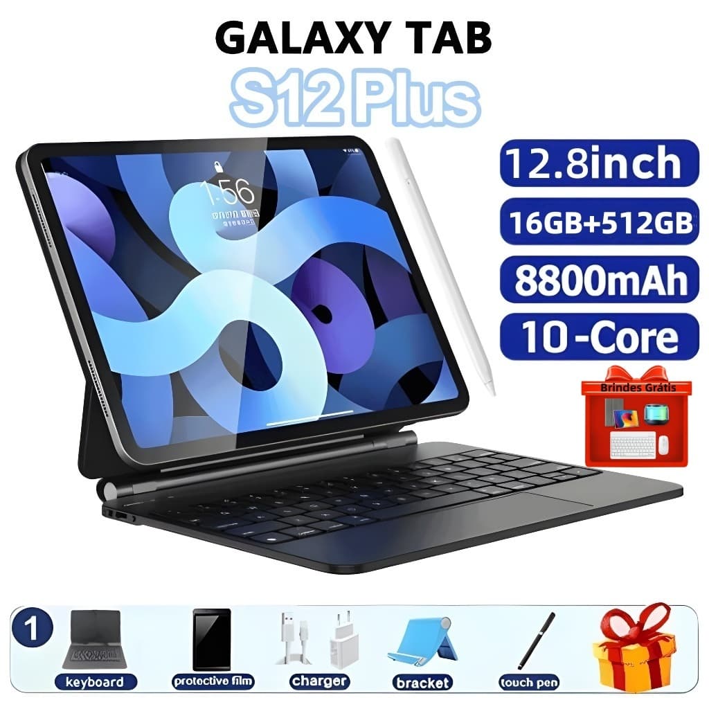 Galaxy Tablet S12 Plus  16GB + 512GB Android com tela IPS de 12,8 "e taxa de atualização de 120Hz, 5G / 4G WiFi Dual SIM