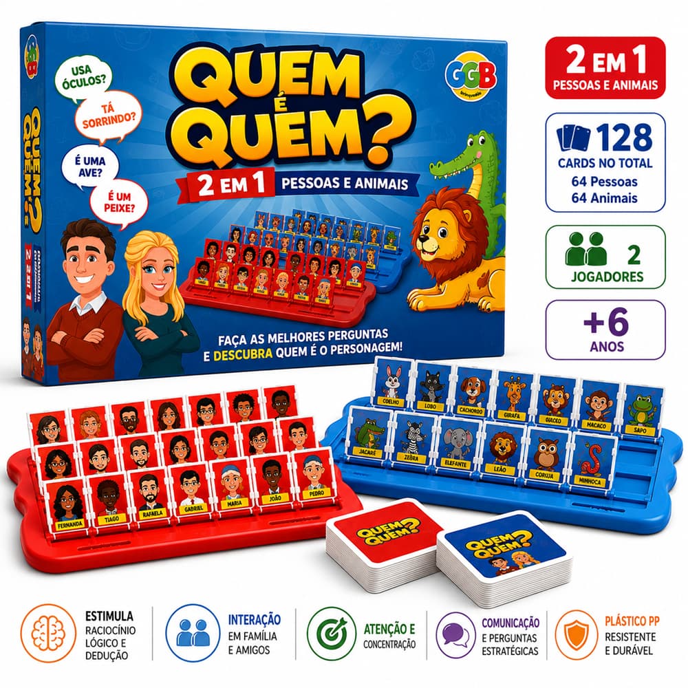 Jogo Quem Sou Eu 2 em 1 Pessoas e Animais Tabuleiro Educativo Cartas Adivinha Infantil Família