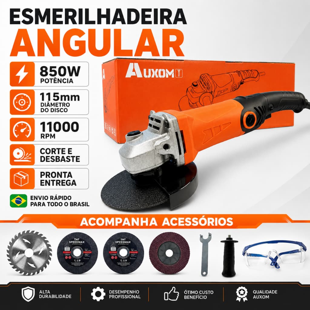 Esmerilhadeira Angular 850W 115mm 11000RPM 6 Velocidades Corte e Desbaste 220V com Acessórios
