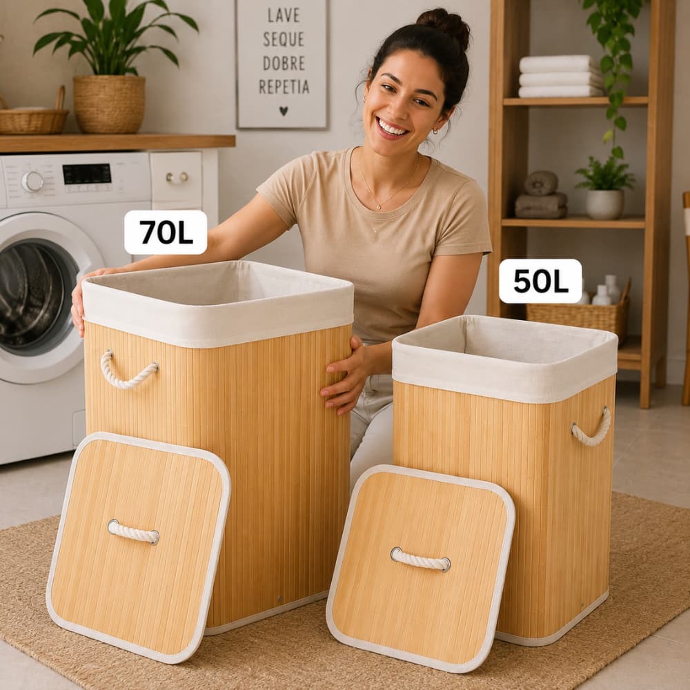 Cesto Organizador de Bambu 50L ou 70L Com Tampa Alças Lavanderia Banheiro Organizador Casa