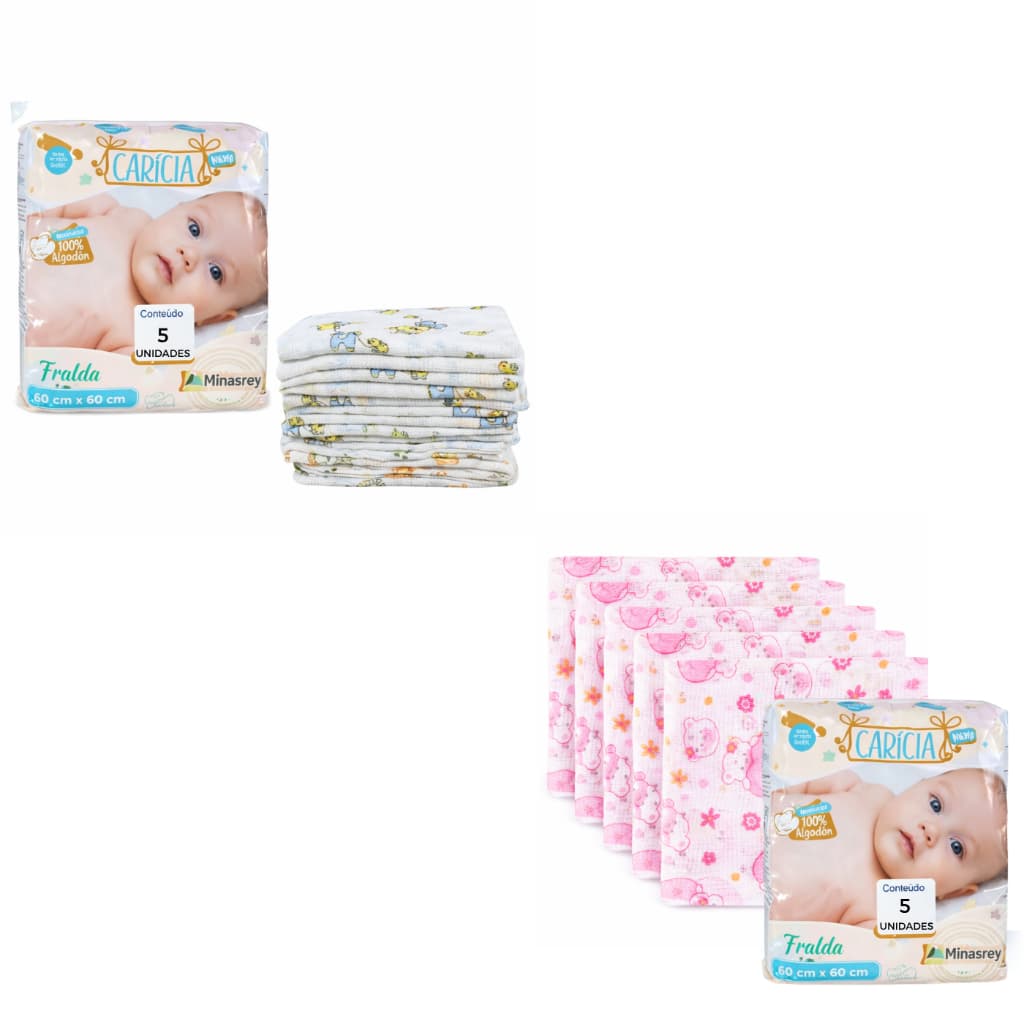Kit 5 Fraldas de Pano Carícia Baby Minasrey Estampadas 60x60cm | 100% Algodão Macio | Enxoval Bebê