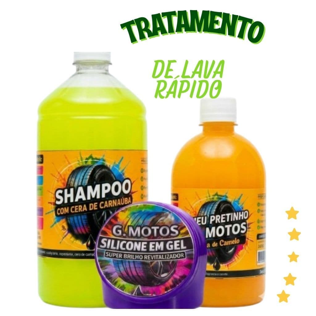 Kit Lavagem Automotiva Carro Moto 1 Shampoo Concentrado 1L+ Silicone Em GEl+1 Pneu Pretinho Baba De Camelo 500ml G Motos