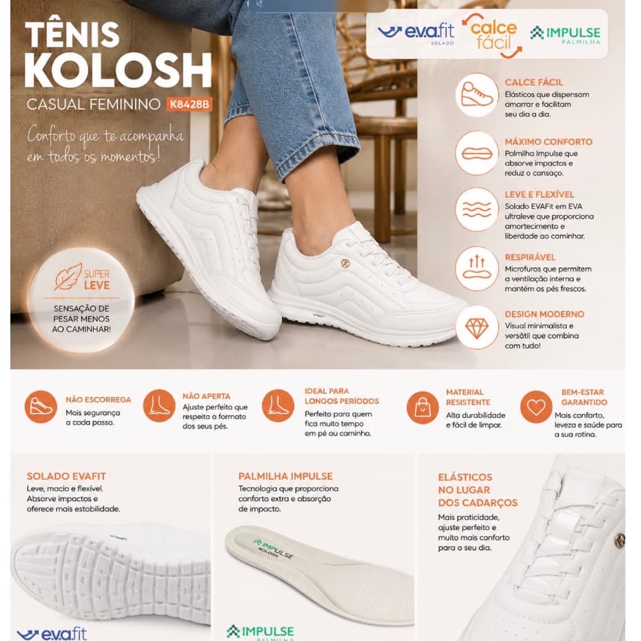 3* Tenis  Feminino Kolosh  Esportivo +Meia Leve Macio Calce  Fácil Conforto Extra Para Trabalhar e Caminhar