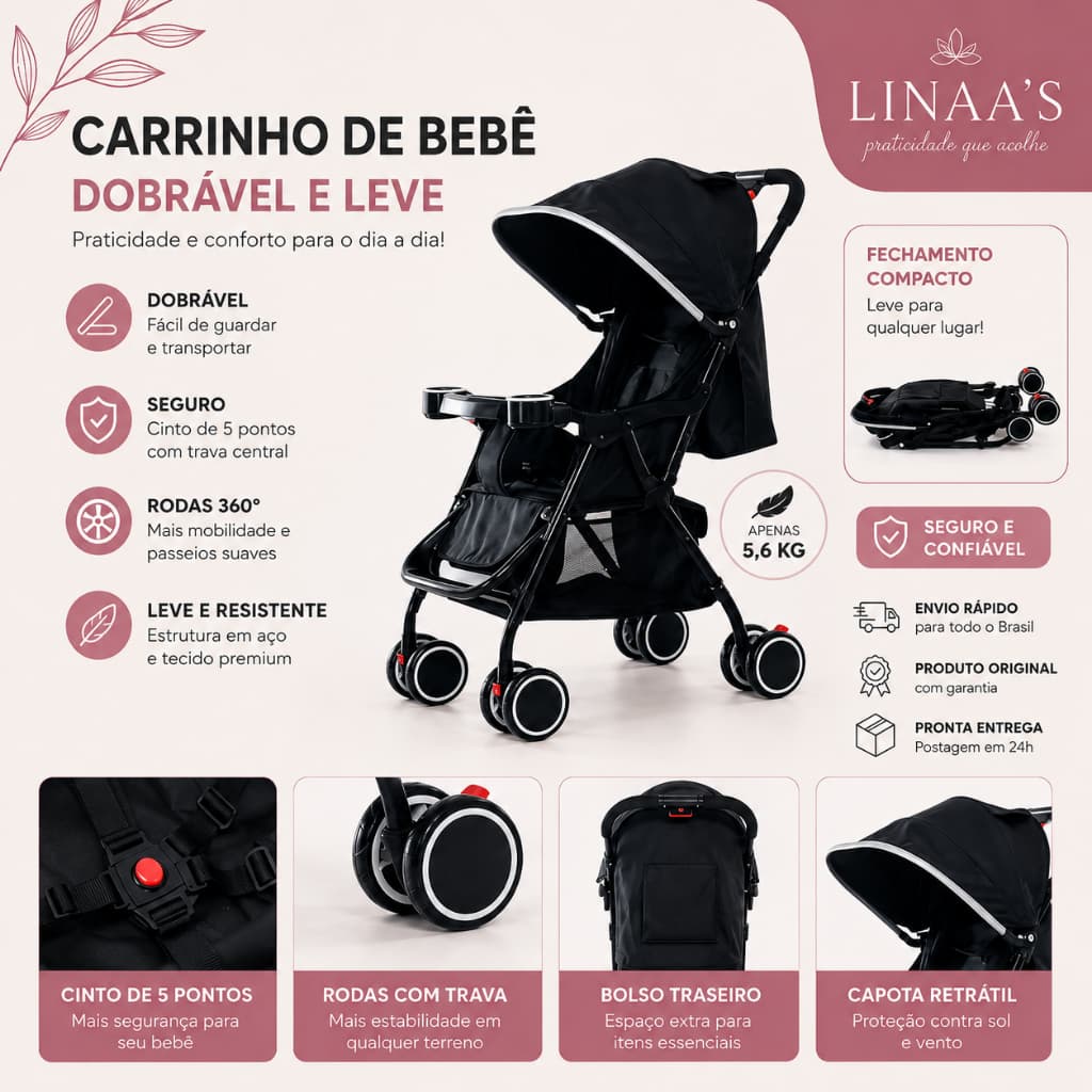 Carrinho de Bebê Passeio 3 e 4 Rodas Assento Até 20kg Com Porta Copos