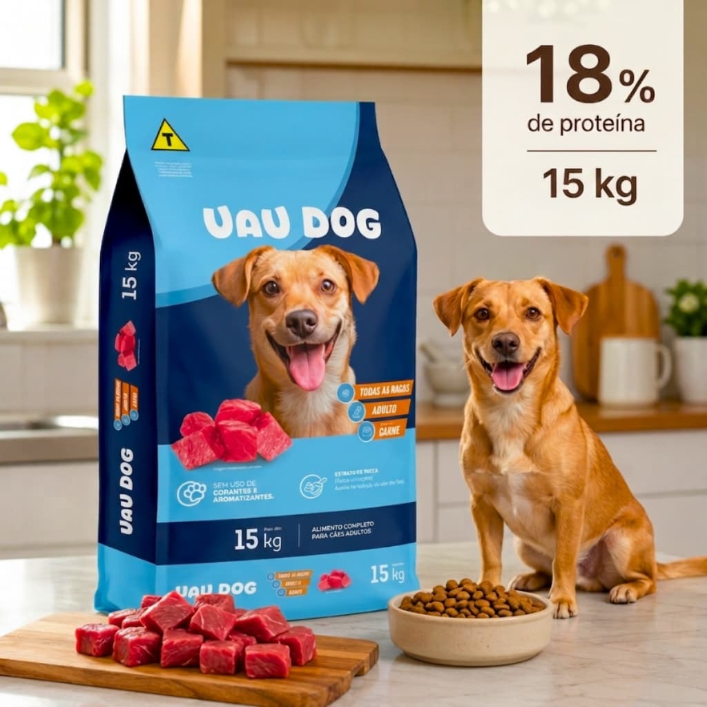 Ração para Cachorro Cães Uau Dog Adulto 18% de Proteína Sabor Carne Todas as Raças 15kg