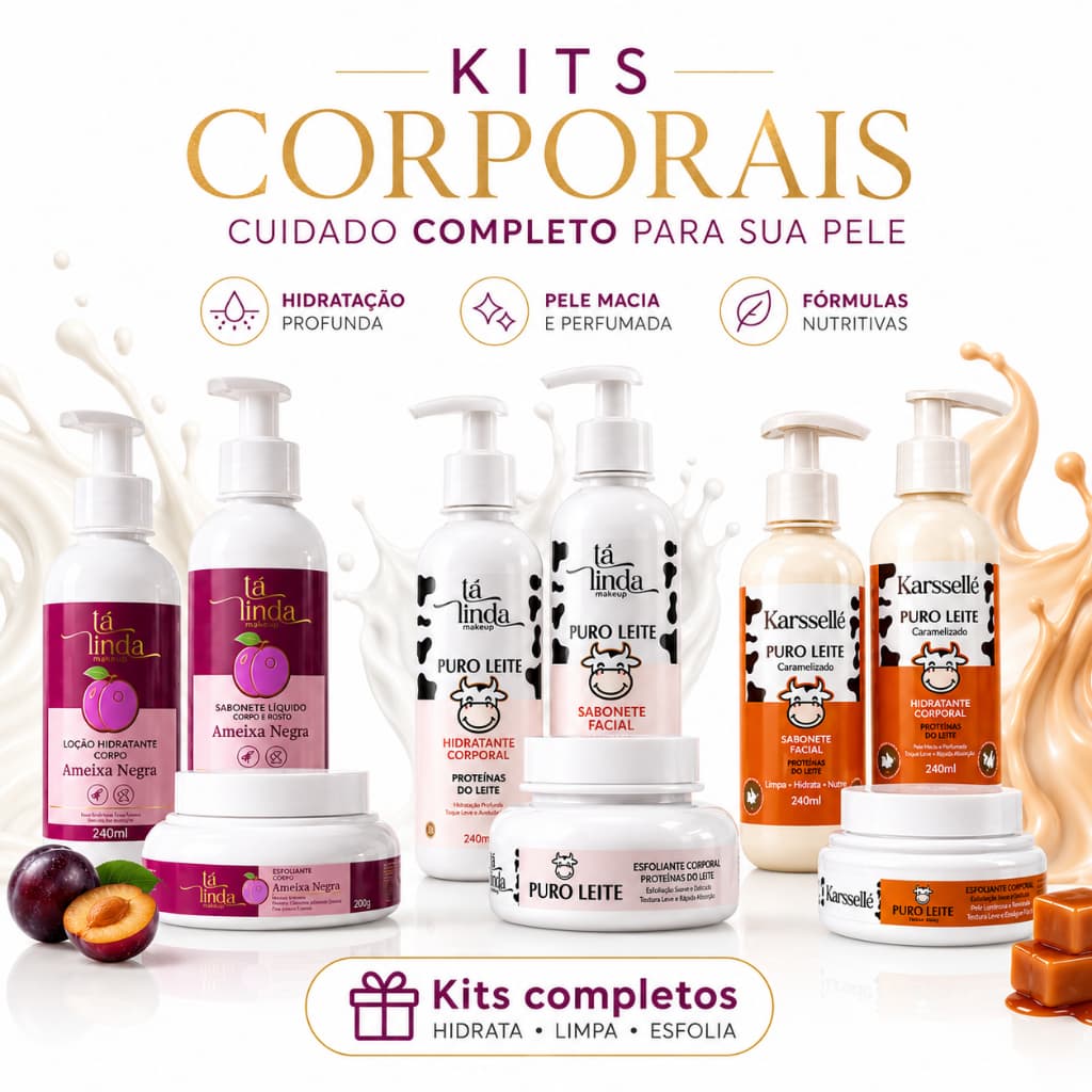 Kit Corporal Completo Hidratante + Sabonete + Esfoliante | Ameixa Negra, Puro Leite e Puro Leite Caramelizado