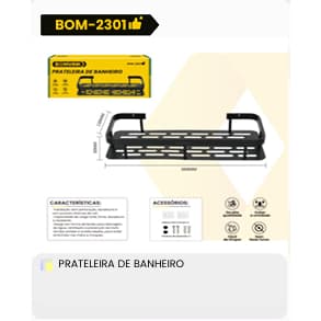 Suporte prateleira Shampoo Sabonete Banheiro Adesivo Parede Box Luxo Cor Preto alumínio BOM-2301