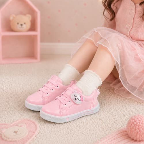 Tênis Infantil Menina Ursinho Babado Delicado Sapato Bebê Feminino Macio Confortável Calçado Escolar Promoção