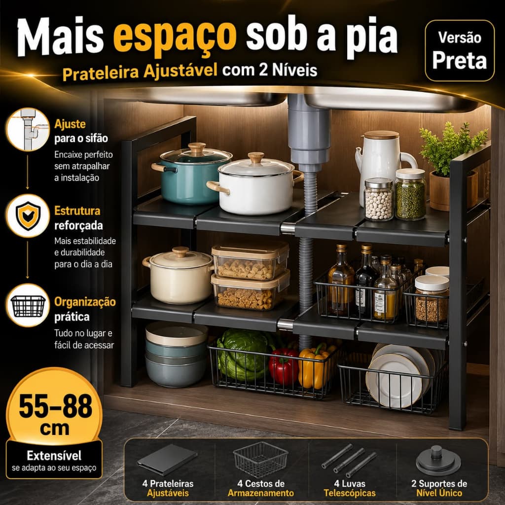 Prateleira Organizadora Retrátil Sob a Pia 2 Andares Ajustável – Organizador Multiuso para Armário de Cozinha e Sifão