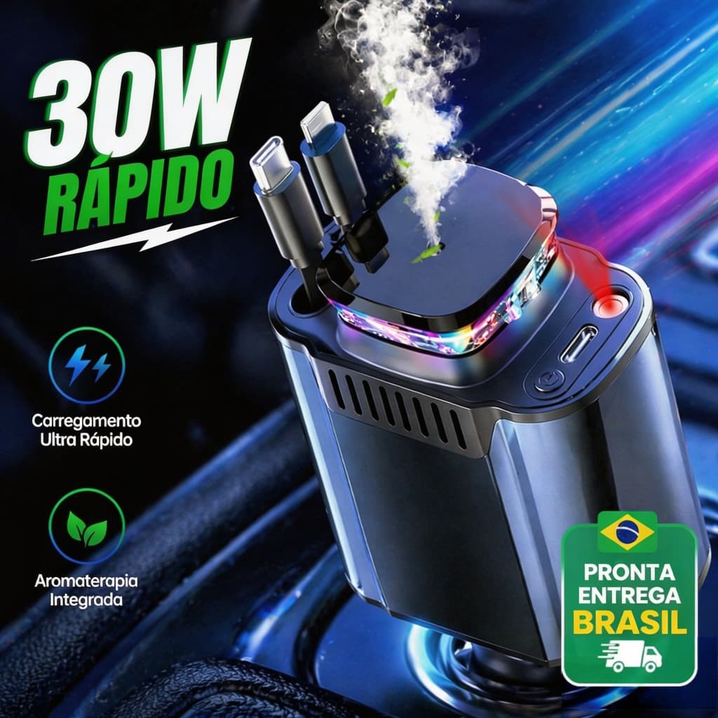 Carregador 30W Carga Rápida Veicular 6 em 1 com Cabo Retrátil e Difusor de Aroma Céu Estrelado