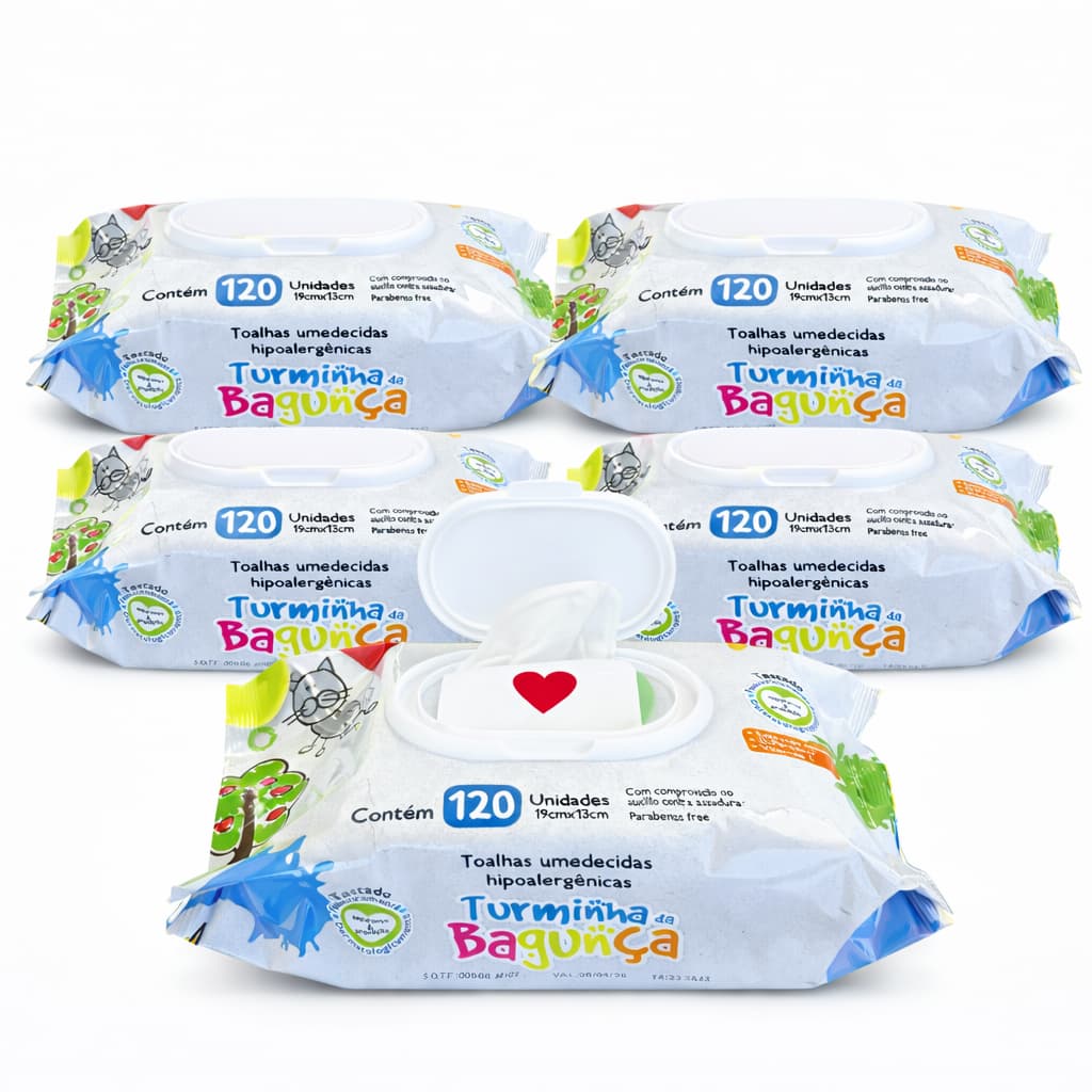 Kit 5 Lenços Umedecido Infantil Com Tampa Flip Top 120 Folhas - Limpeza Suave Pele Sensível Bebê - Turminha da Bagunça