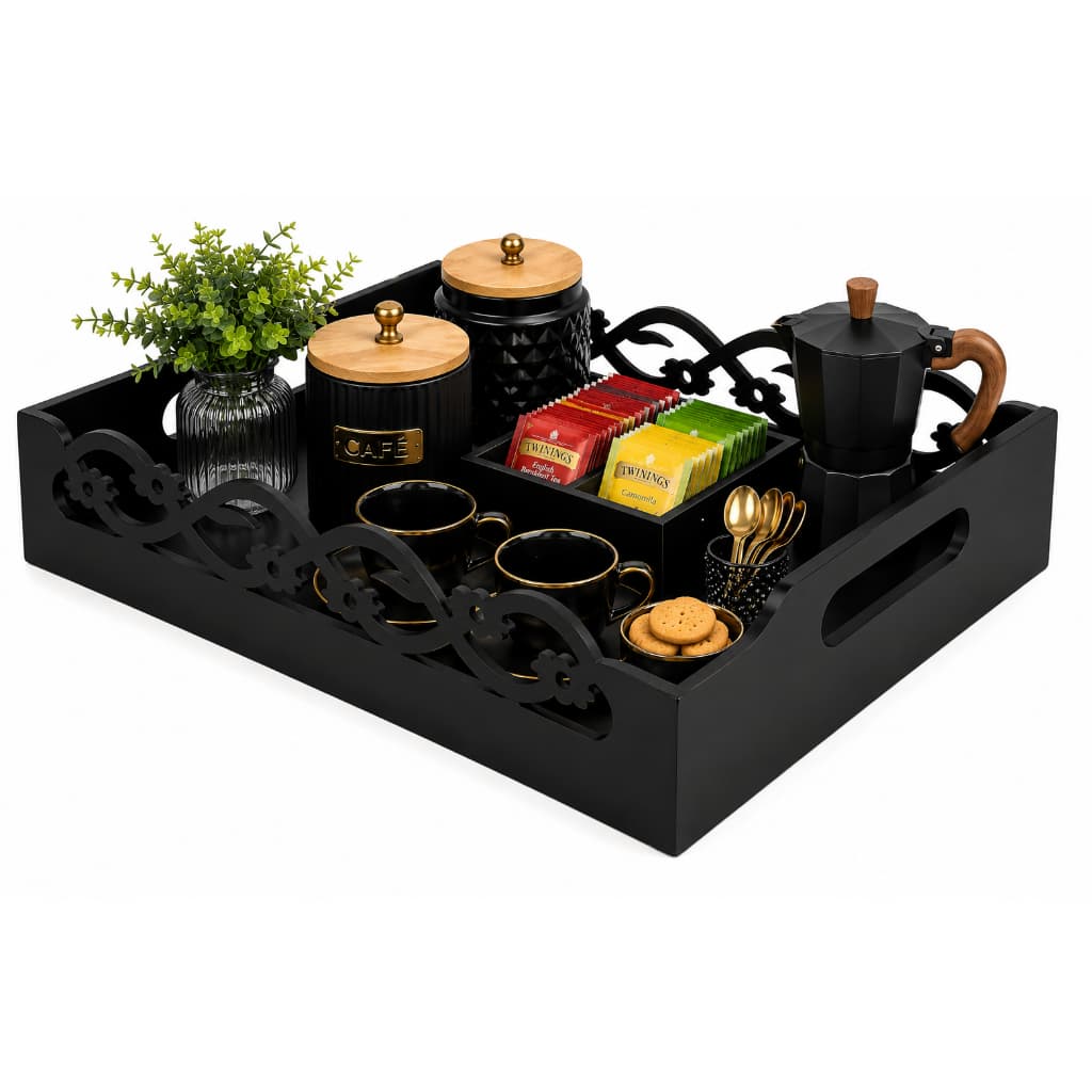 Bandeja Cantinho do Chá Café Organizador de Copos Utensílios de Cozinha Multiuso 35X25X6 MDF Preto