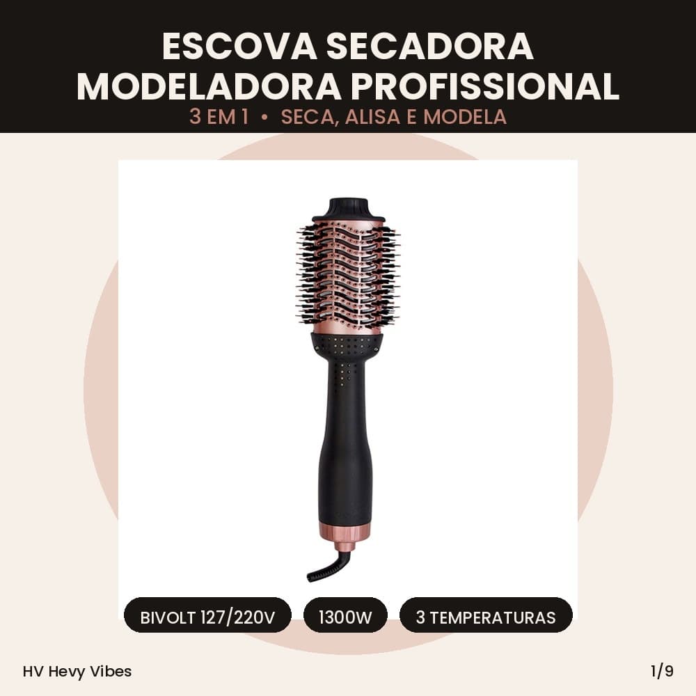 Escova Secadora Modeladora Profissional Cabelo 3 em 1 Bivolt 1300W Anti-Frizz Preta Rosé