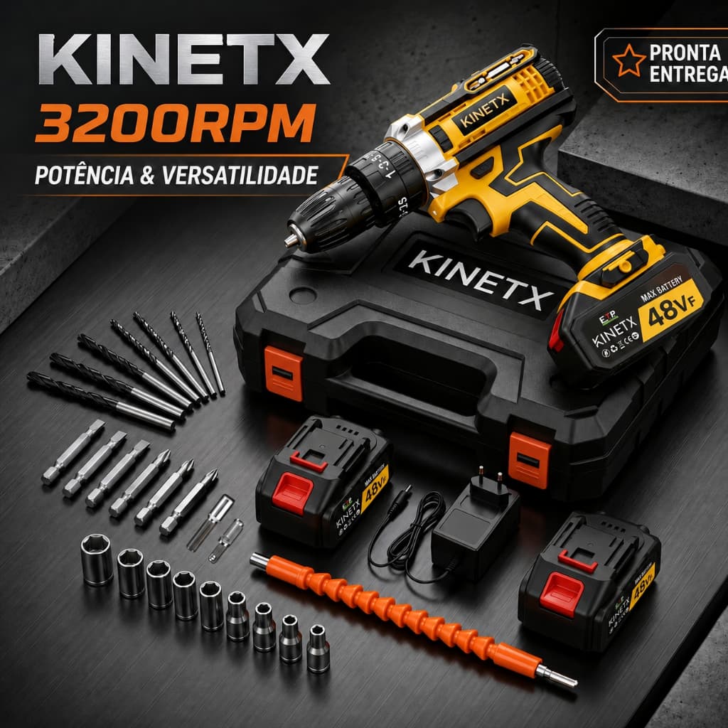 Kit Parafusadeira e Furadeira Profissional KINETX 3200RPM Bivolt Sem Fio com 2 Baterias e Maleta de Acessórios Completo