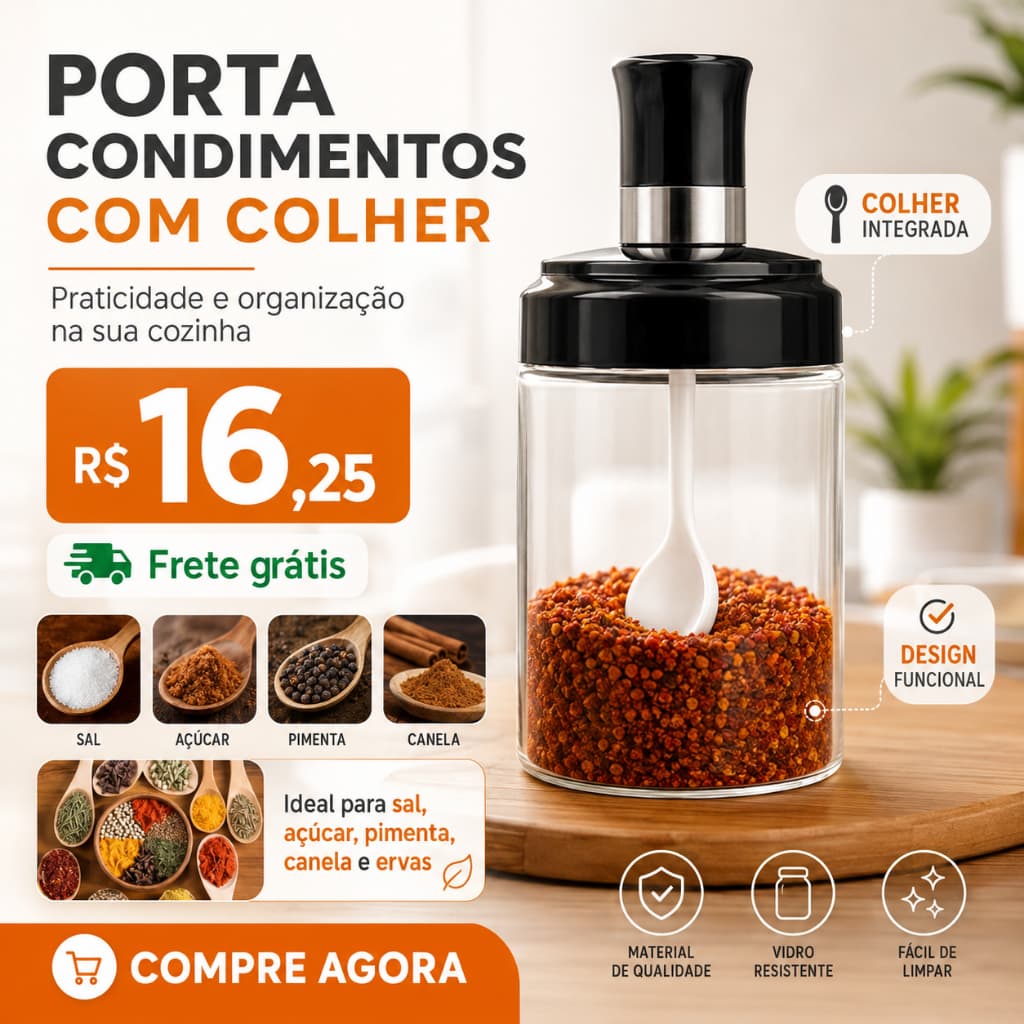 Pote de Vidro para Temperos com Colher Integrada 260 ml – Ideal para Sal, Açúcar e Condimentos