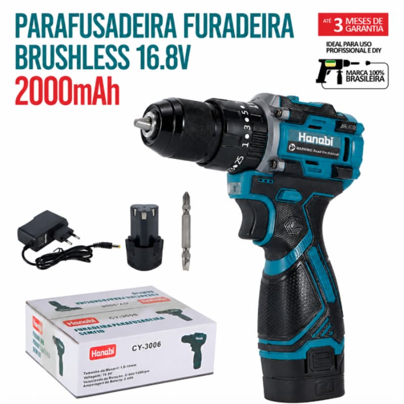 【Hanabi】Parafusadeira Furadeira de Impacto Brushless – 16.8V, 2000mAh, Sem Escova, Profissional