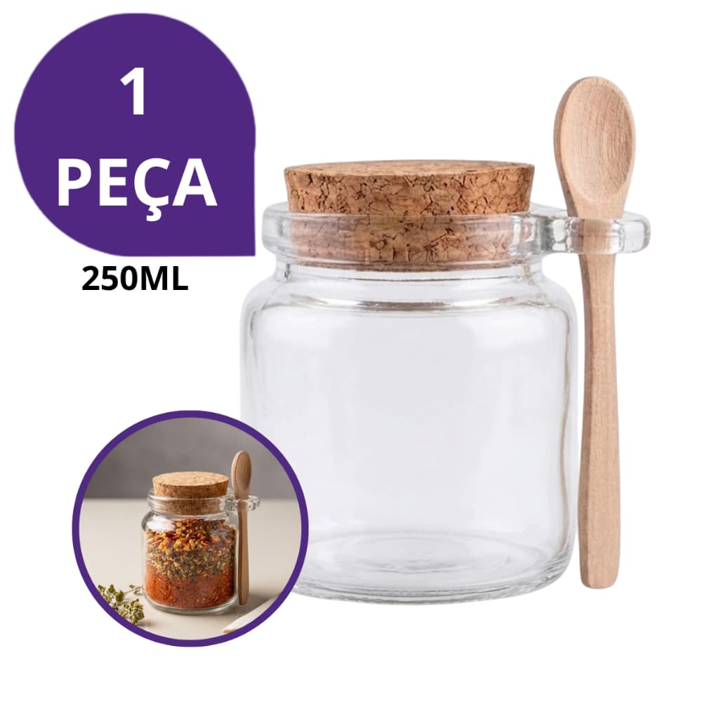 Pote de Vidro 250ml Tampa Cortiça e Colher de Madeira para Temperos, Condimentos, Mel, Geleia, Café e Açúcar