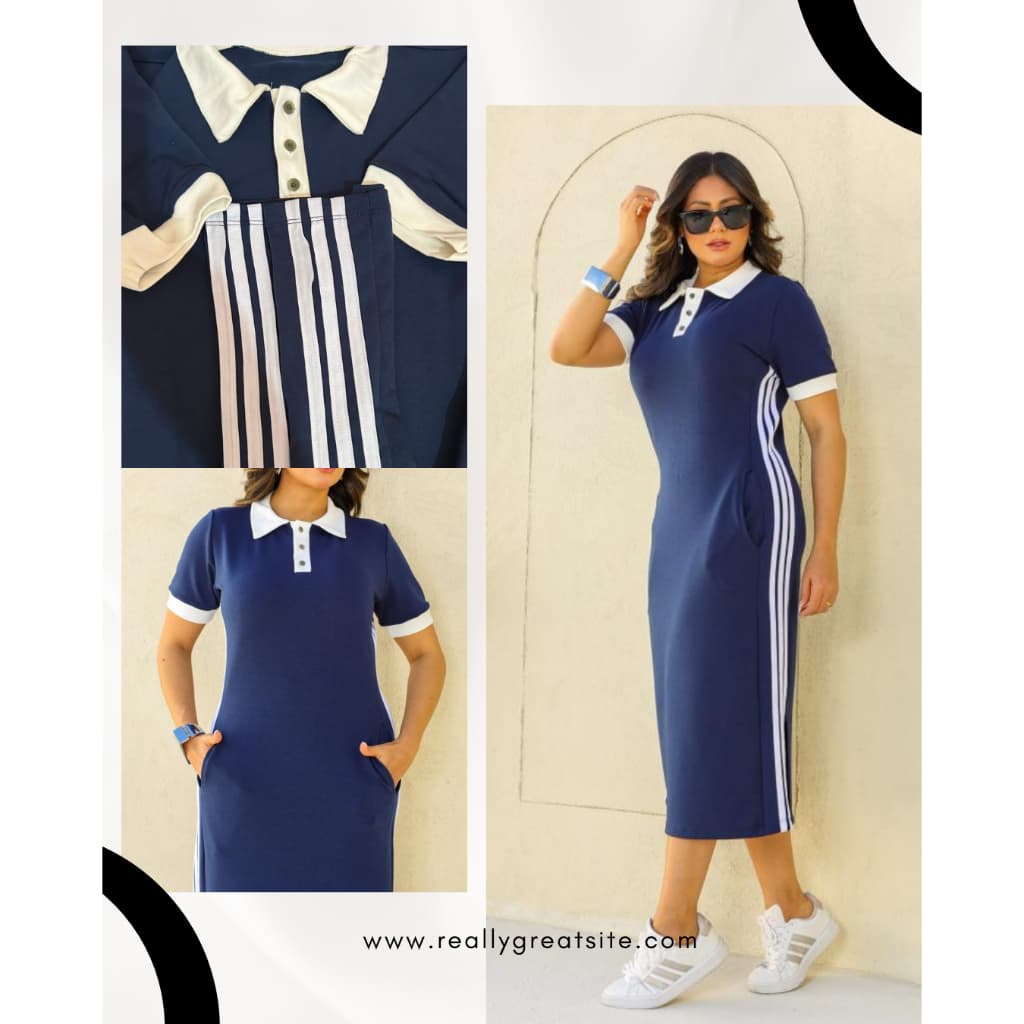 Vestido Midi Feminino com Gola polo com Botões e Listras Laterais e Bolsos Funcionais -Tendencia Feminina - Tamanho Midi