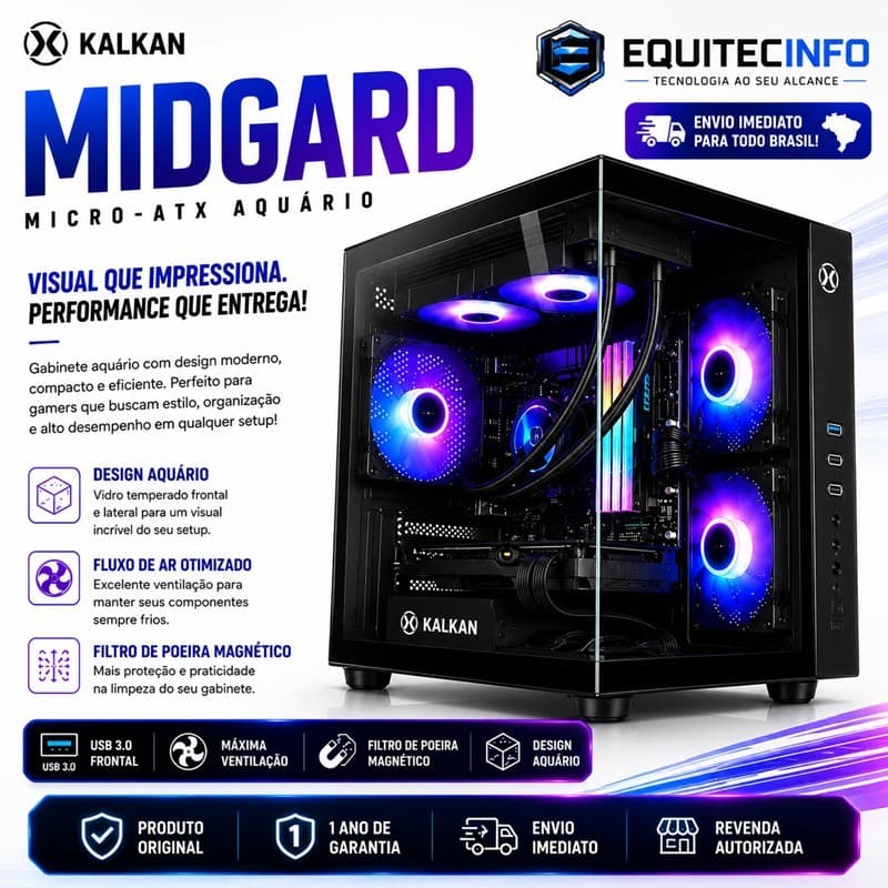 Gabinete Gamer Kalkan Midgard Aquário Micro-ATX Preto Vidro Temperado USB 3.0 Water Cooler 280mm