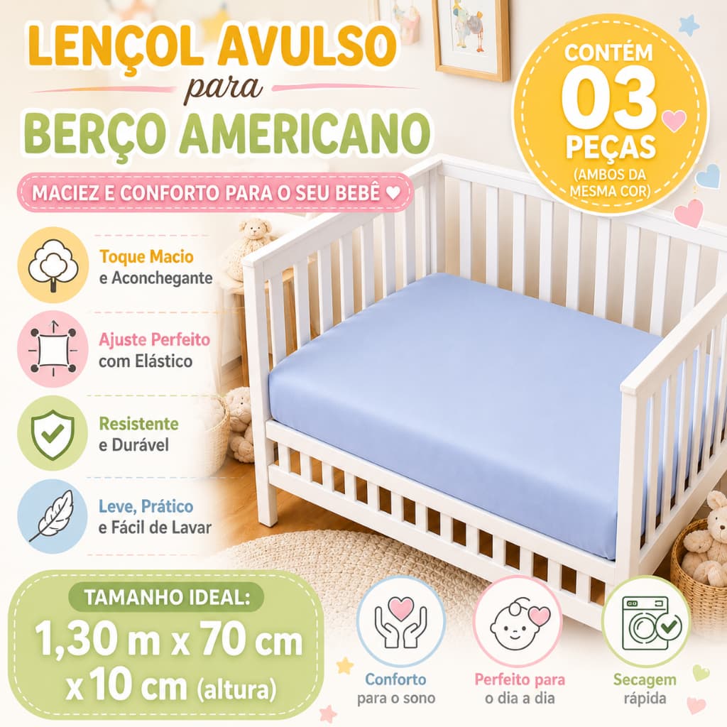 Kit 3 Lençóis para Berço Americano com Elástico 100% Poliéster Enxoval Bebê