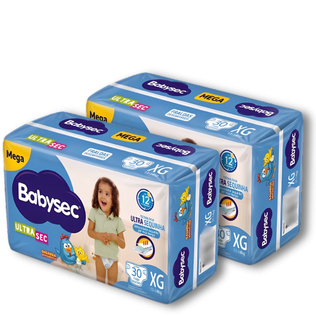Kit 2 Fralda Descartável Babysec Mega UltraSec Tam XG Galinha Pintadinha -Total 60 Unidades
