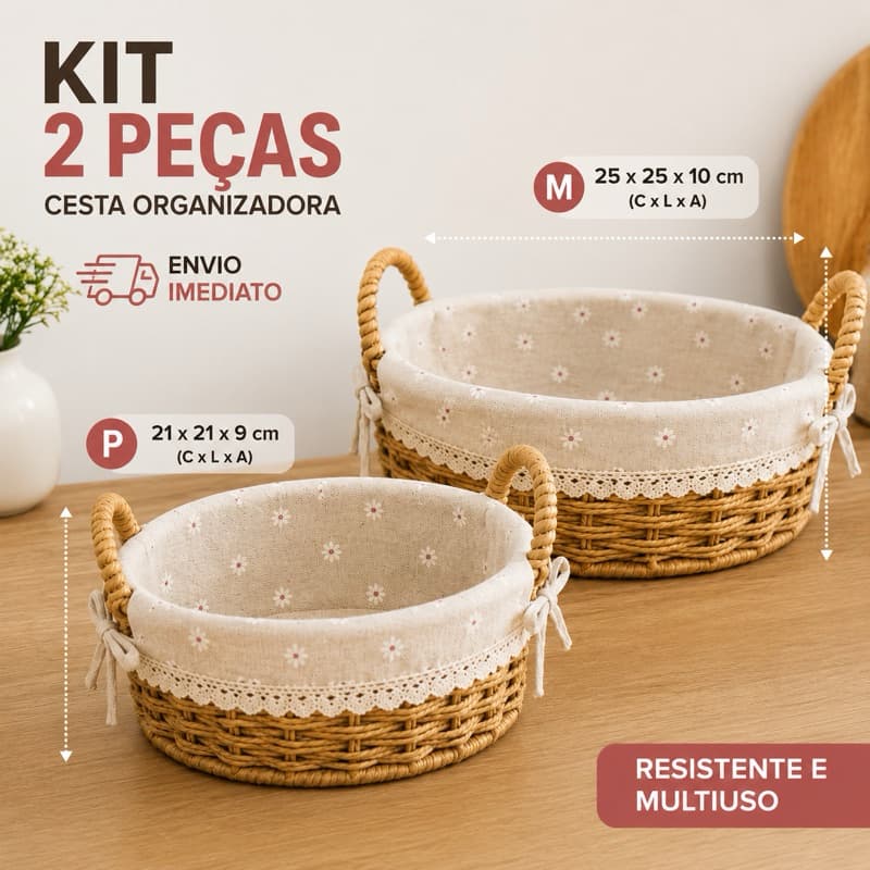 Kit 2 Cesto Organizador Redondo Palha com Tecido 2 Tam. Multiuso Casa Banheiro Pães Toalhas
