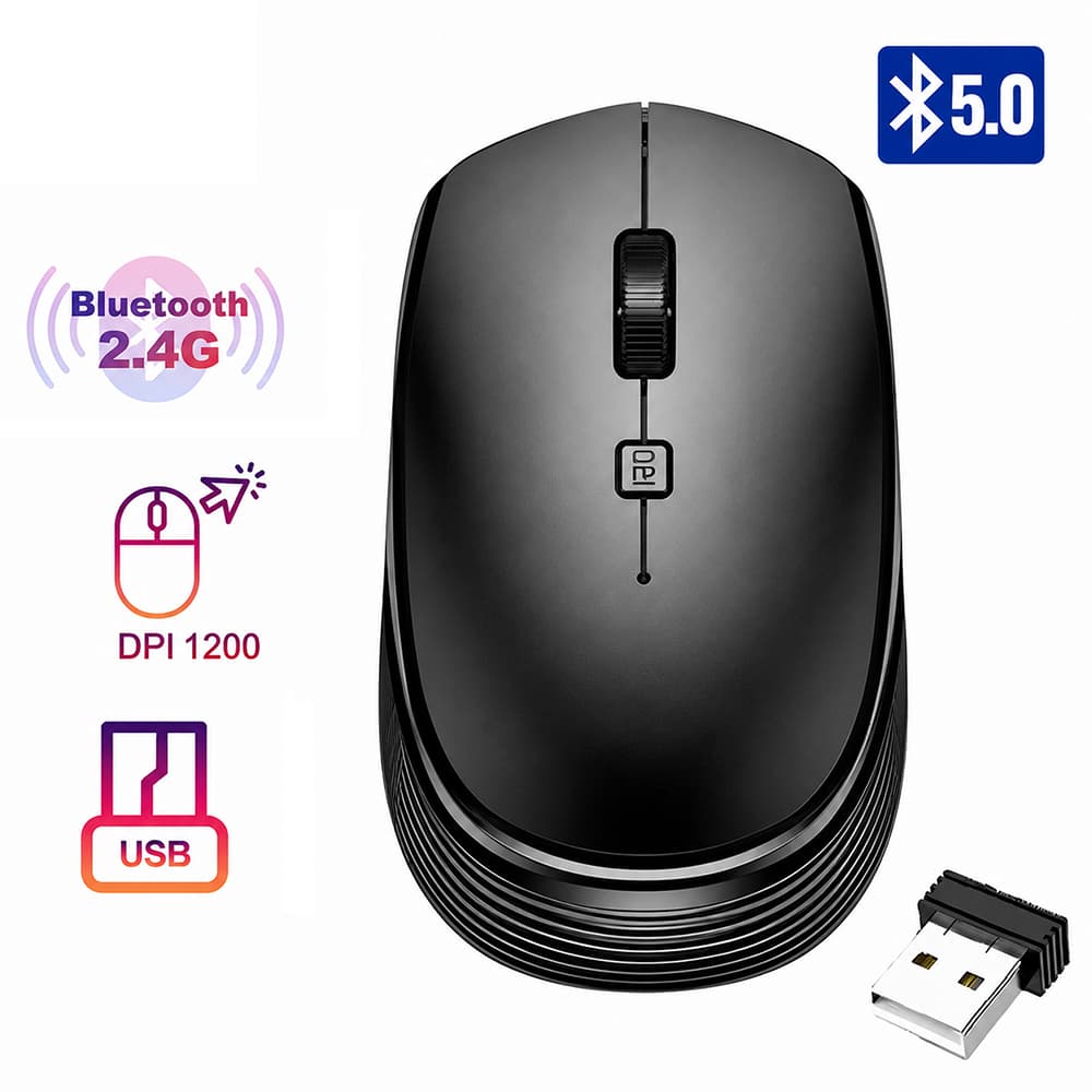 Mouse sem fio Bluetooth Preto, dual-mode Bluetooth + 2.4G, versão com bateria preta