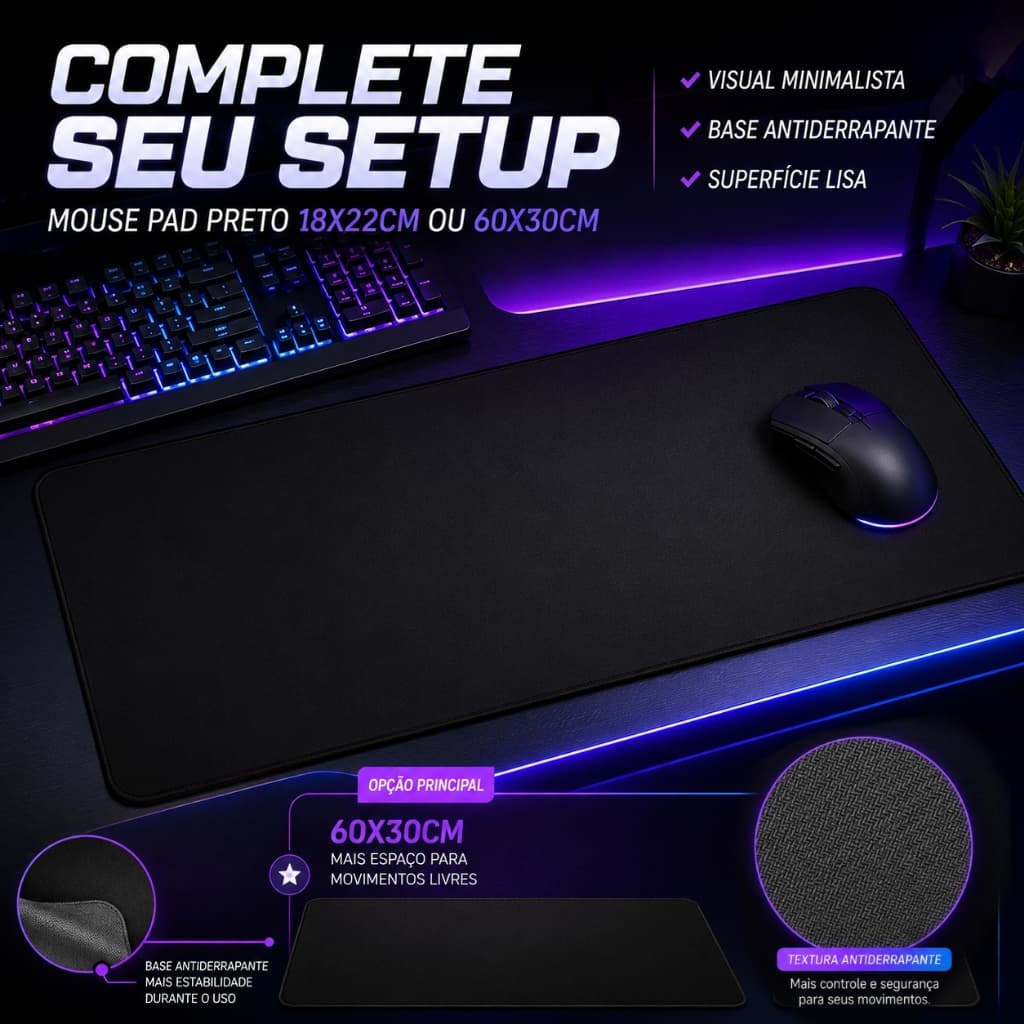 Mouse Pad Gamer 60x30cm Preto Grande Base Antiderrapante Para PC e Notebook