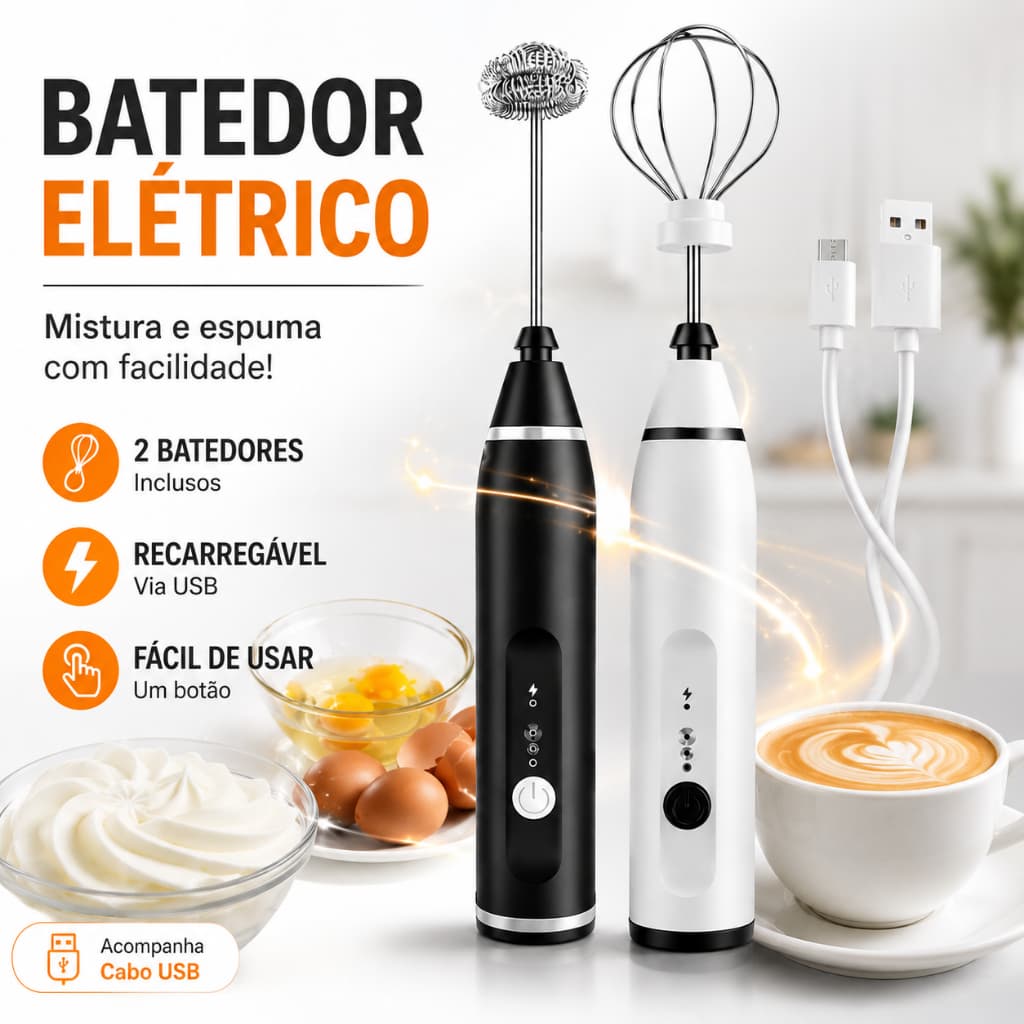 Misturador Elétrico Portátil Mini Mixer para Café Leite Cappuccino Chocolate Whey Protein e Drinks