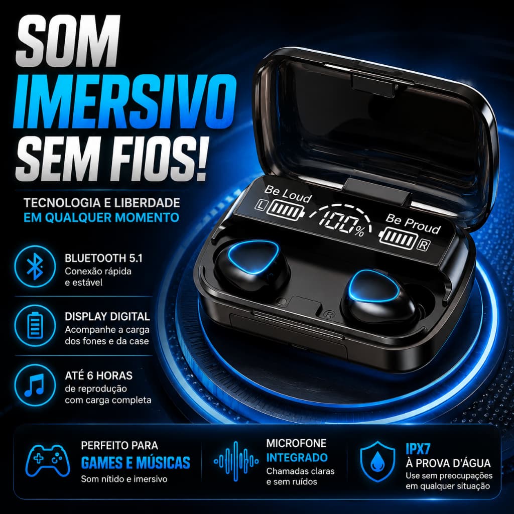 Fone Bluetooth M10 Sem Fio TWS Display Digital Bluetooth 5.1 Powerbank 2000mAh Cancelamento de Ruído