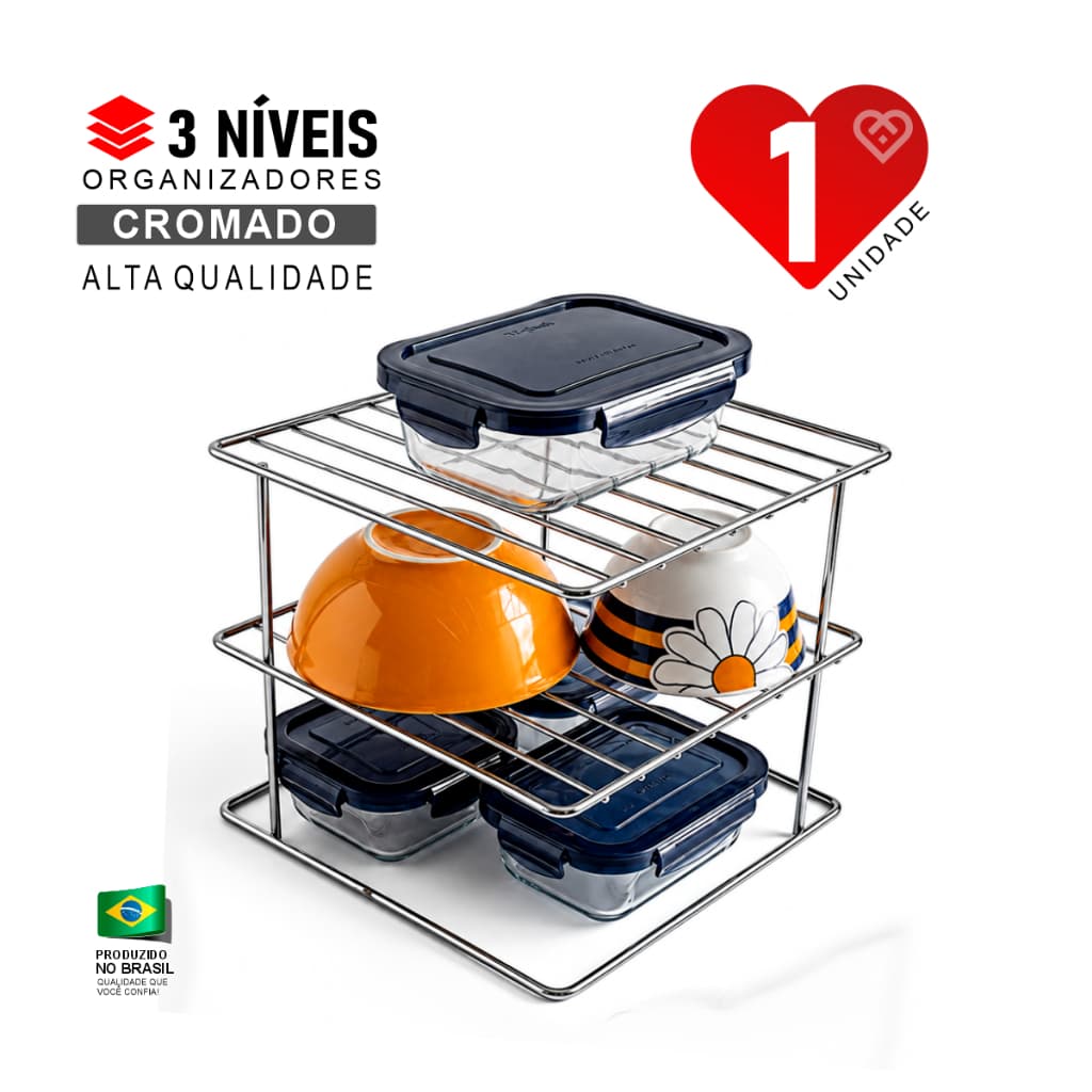 Organizador de Pratos Cozinha Quadrado Rack 3 Níveis Suporte para Armário Aramado Cromado Reforçado Multiuso