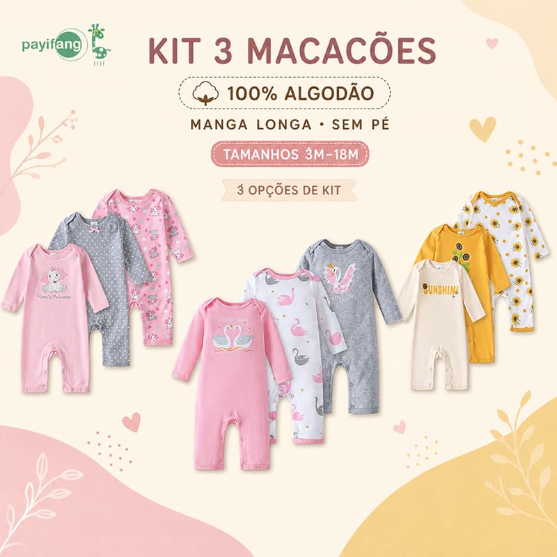 Kit 3 Macacões Bebê Menina Manga Longa Sem Pé 100% Algodão Enxoval Infantil 0 a 18 Meses