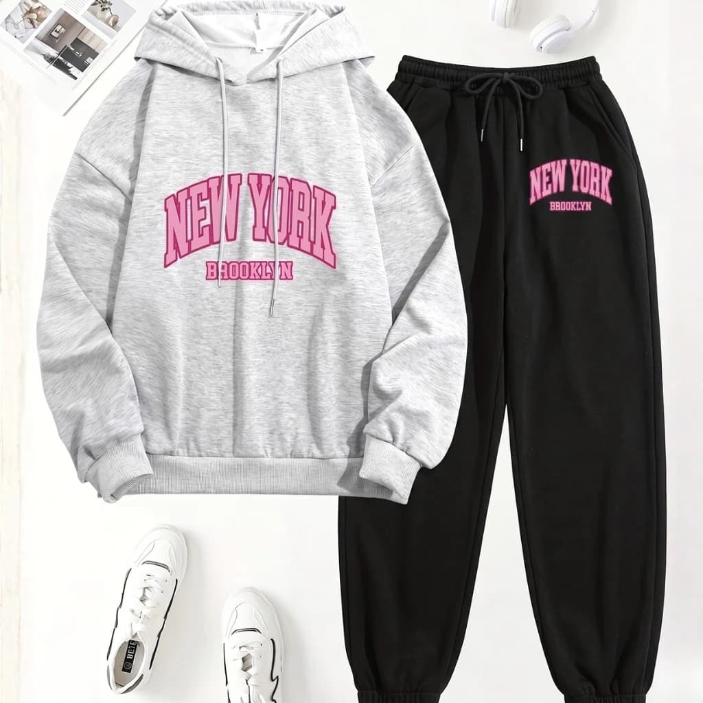 Conjunto Moletom Feminino New York Brooklyn Rosa Estilo Gringa E Estiloso Moletom Canguru + Cança de Abrigo