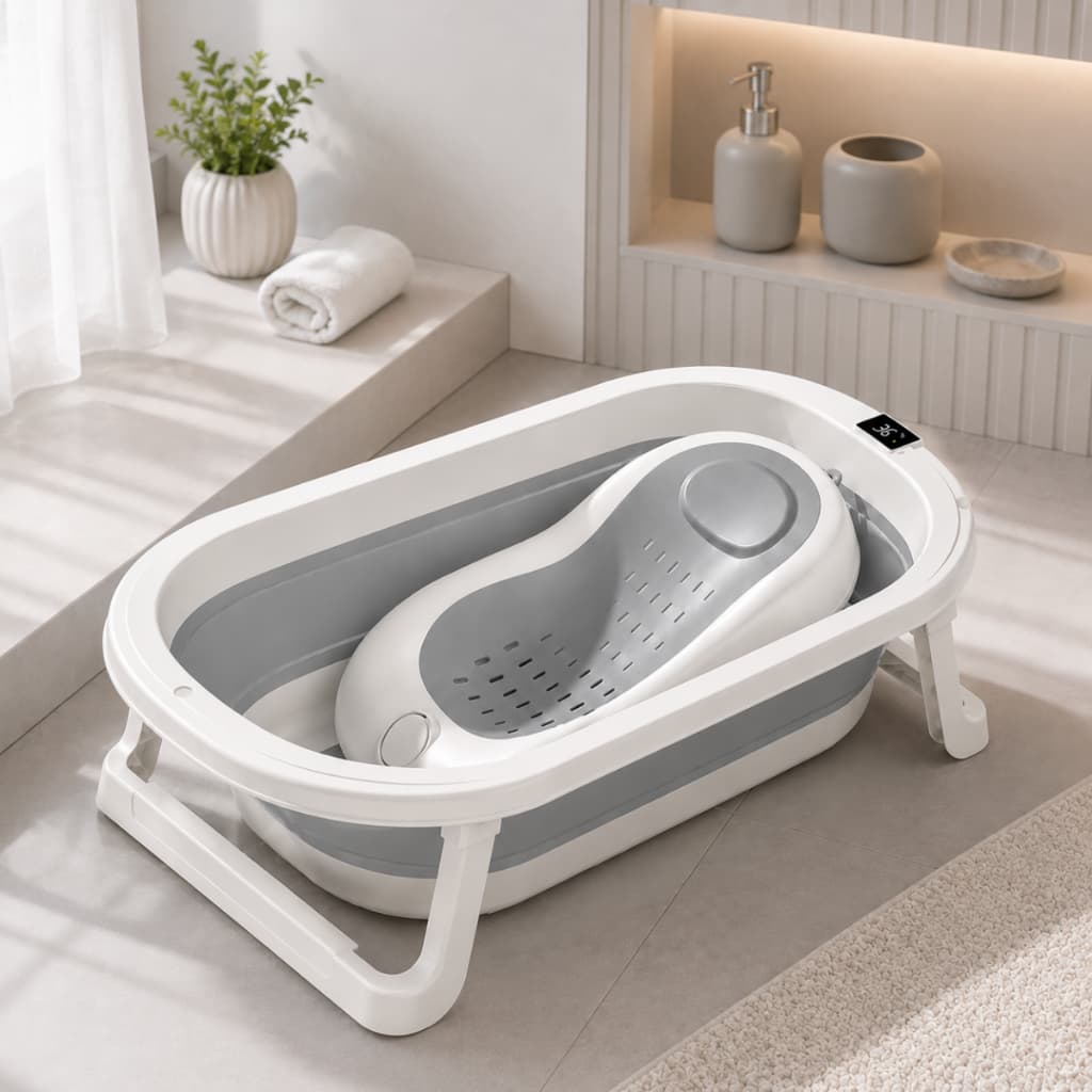 Banheira de Bebê Dobrável Portátil Sensor Temperatura Retrátil Menino Menina Compacta Segura 30L