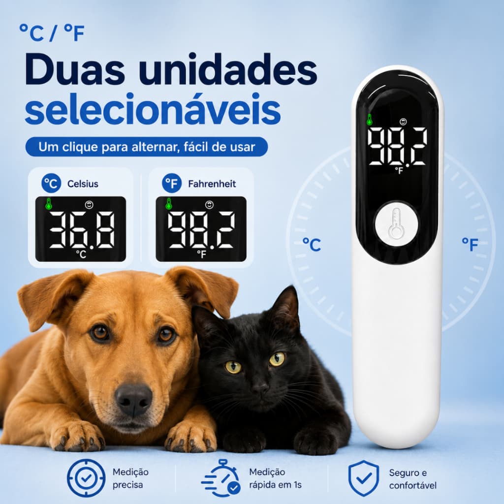 Termômetro Digital Auricular Veterinário Recarregável USB Tipo-C Monitor de Temperatura para Animais de Estimação