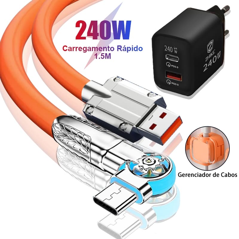 Carregador Carregamento Rápido Cabo Tipo C 1,5M Rotação 180° Silicone Com GaN Adaptador e Gerenciador