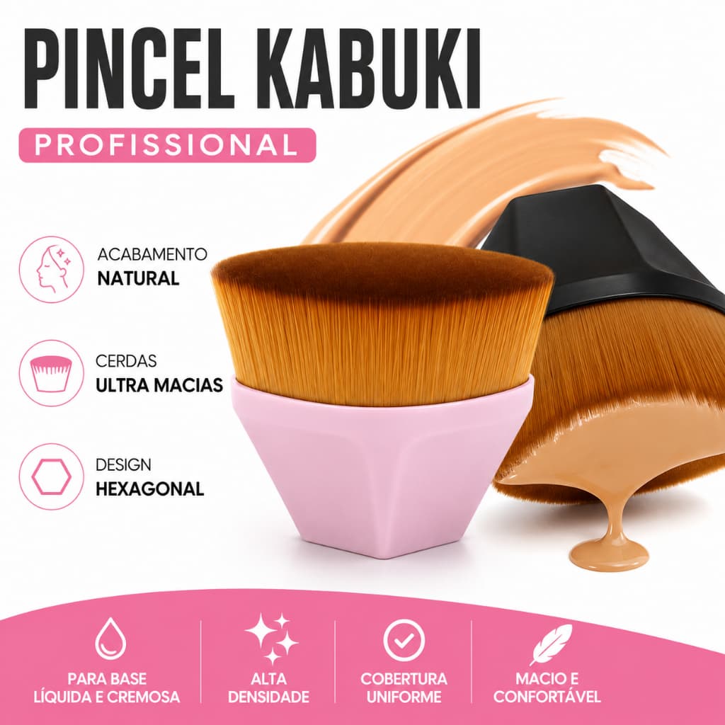 Pincel Maquiagem Kabuki Profissional para Base Líquida Base Cremosa BB Cream Corretivo Alta Densidade Acabamento Natural