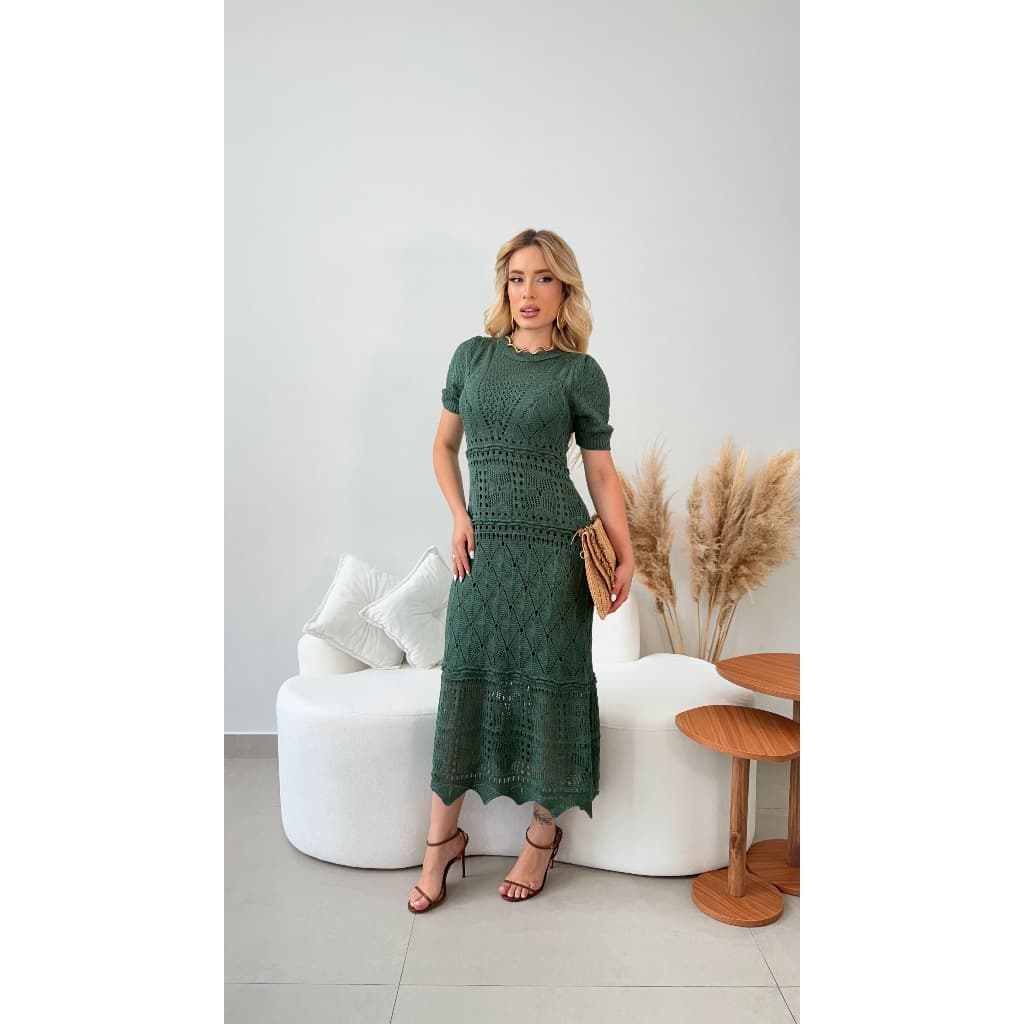 Vestido Tricot Feminino Midi Premium Manga Curta Elegante Vestido Feminino Tricot Moda Casual