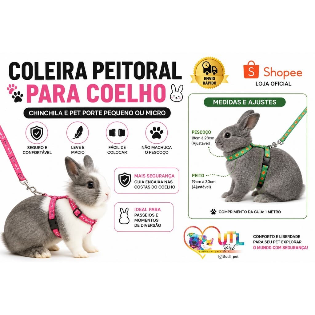 coleira para coelho | guia e peitoral para coelho | coleira para chinchila | peitoral pet mini.