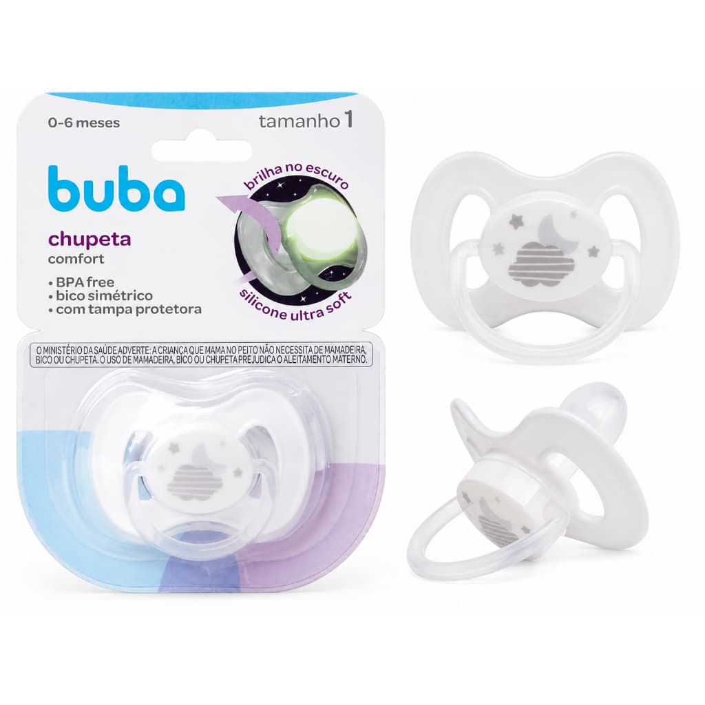 Chupeta Buba com tampa, Bico Silicone ortodôntico Comfort Utra Soft bebe Nuvem Branca, Rosa ou Azul, diferentes tamanhos