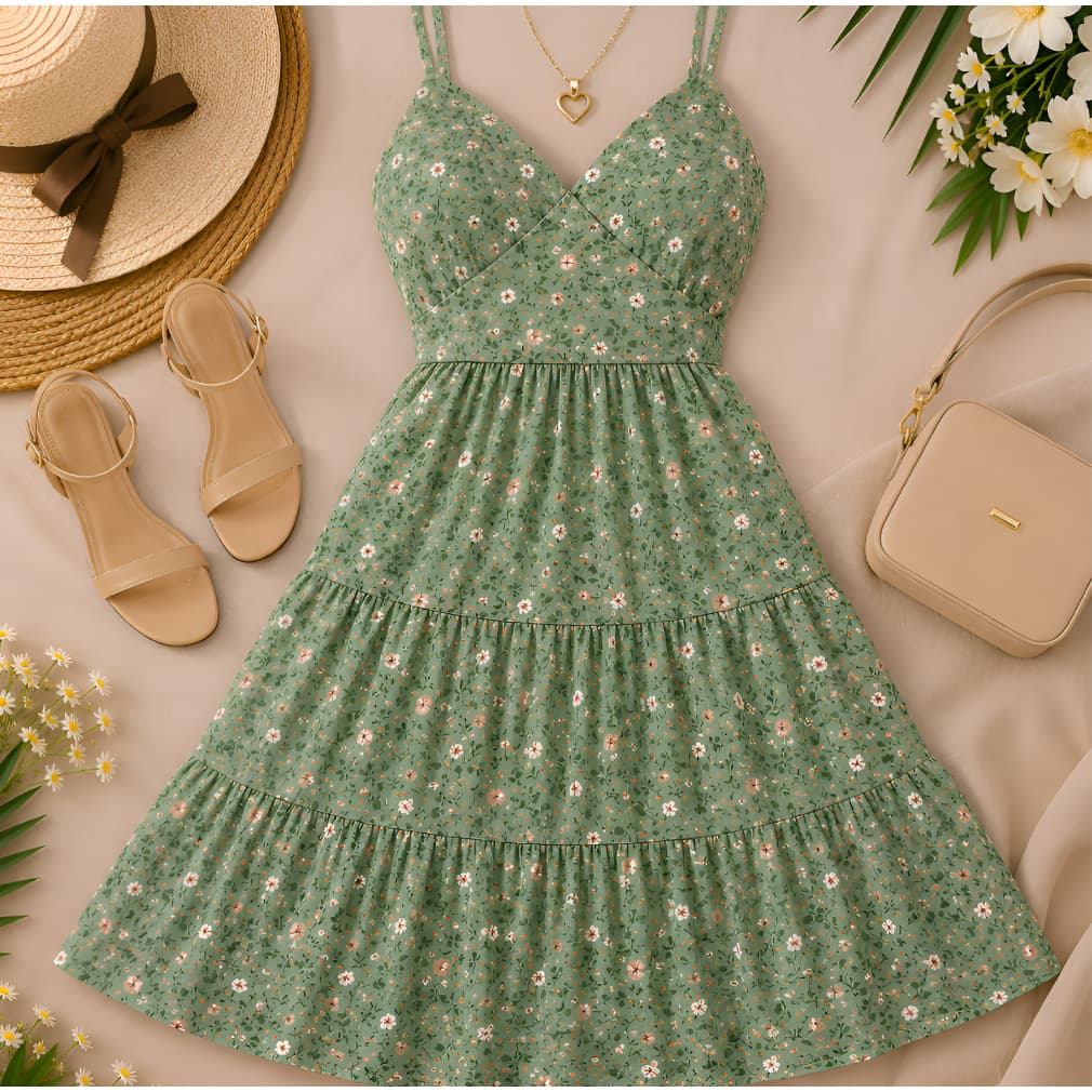 Vestido Feminino  Curto elegante Floral  com Bojo, Elastex nas Costas, Alças Reguláveis e Babados verão