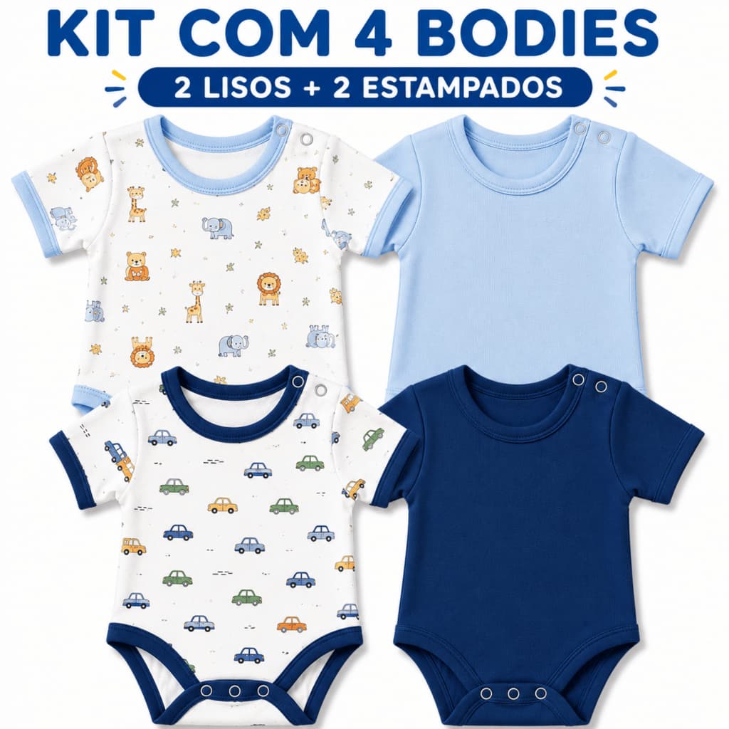 Body Bebê Menino Kit 4 Peças Malha Canelada Algodão Manga Curta Verão Roupa Bebê Enxoval RN P M G