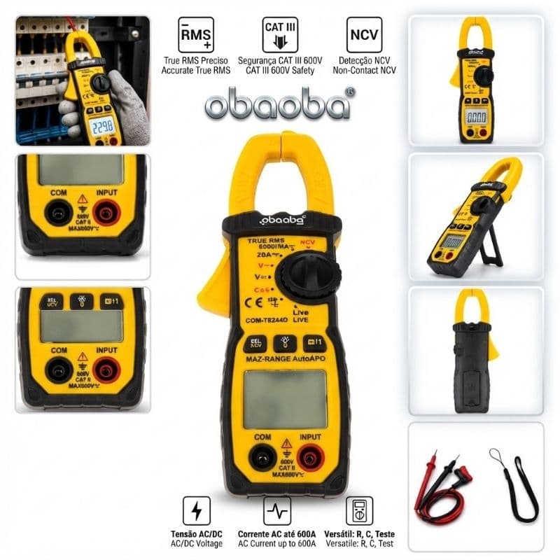 Alicate Amperímetro Multímetro Digital True RMS Automático NCV CAT III 600V Profissional OBA OBA MIX