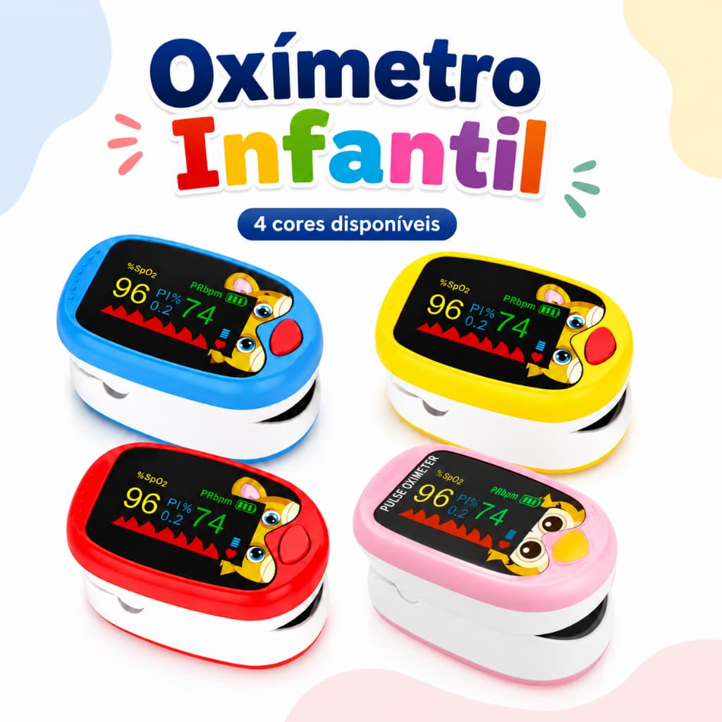 Oxímetro Infantil Pediátrico de Dedo Recarregável USB Colorido SpO2 e Pulso com Estojo Opcional