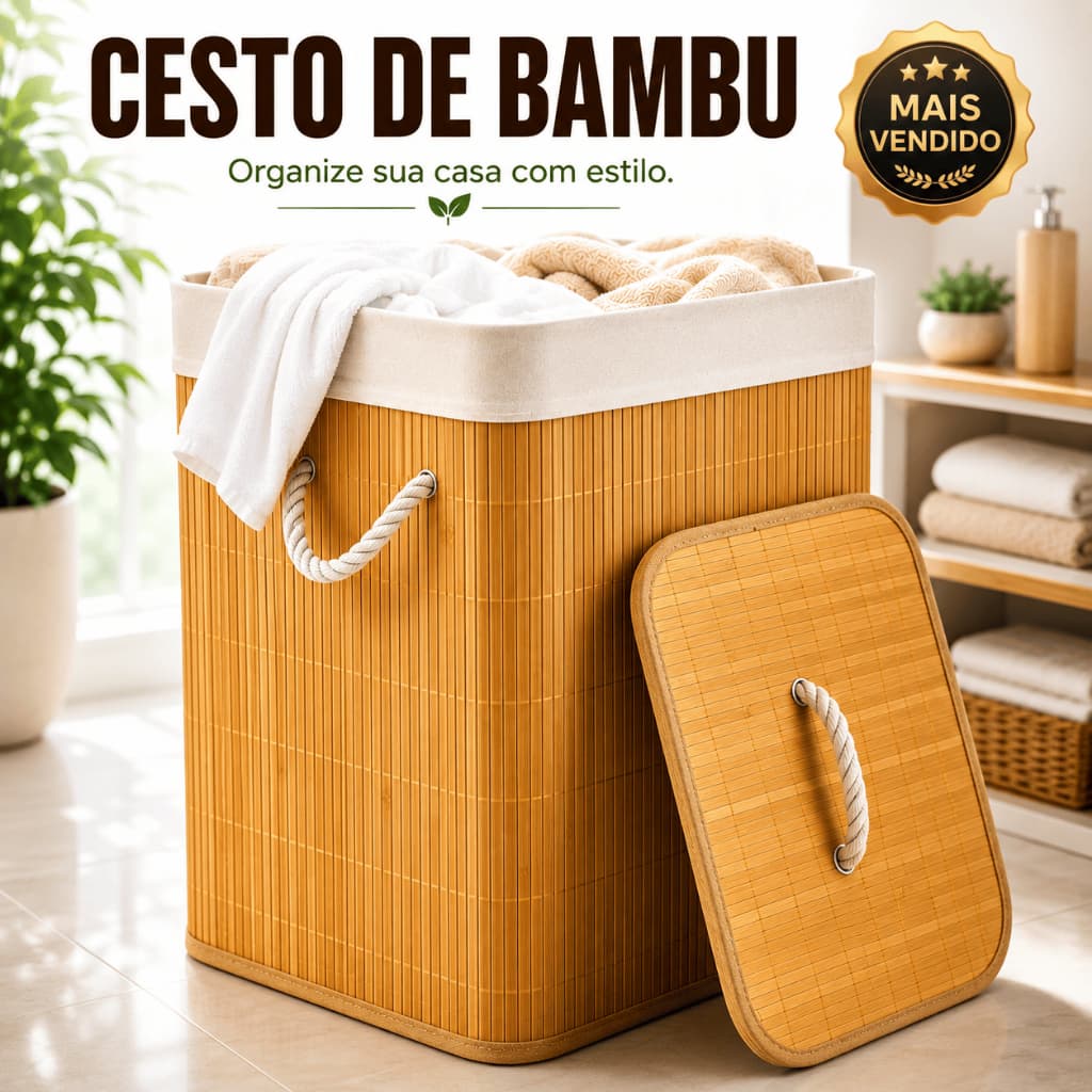 Cesto Organizador Roupa Suja Bambu Com Tampa 50L/70L Banheiro Lavanderia