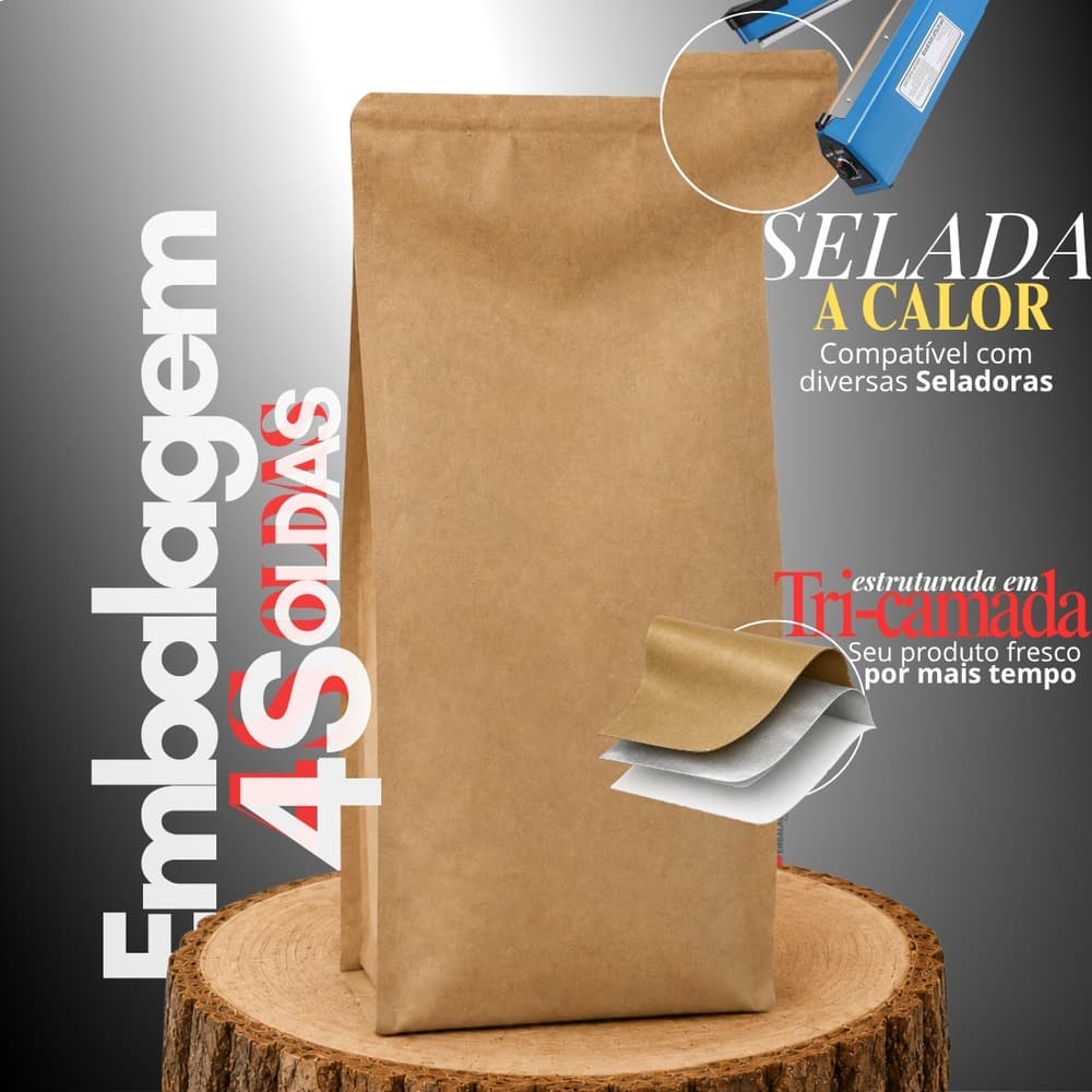 Embalagem 4 Soldas para Café Moído e em Grãos, 250g 500g 1kg (Kit 50 Unidades)