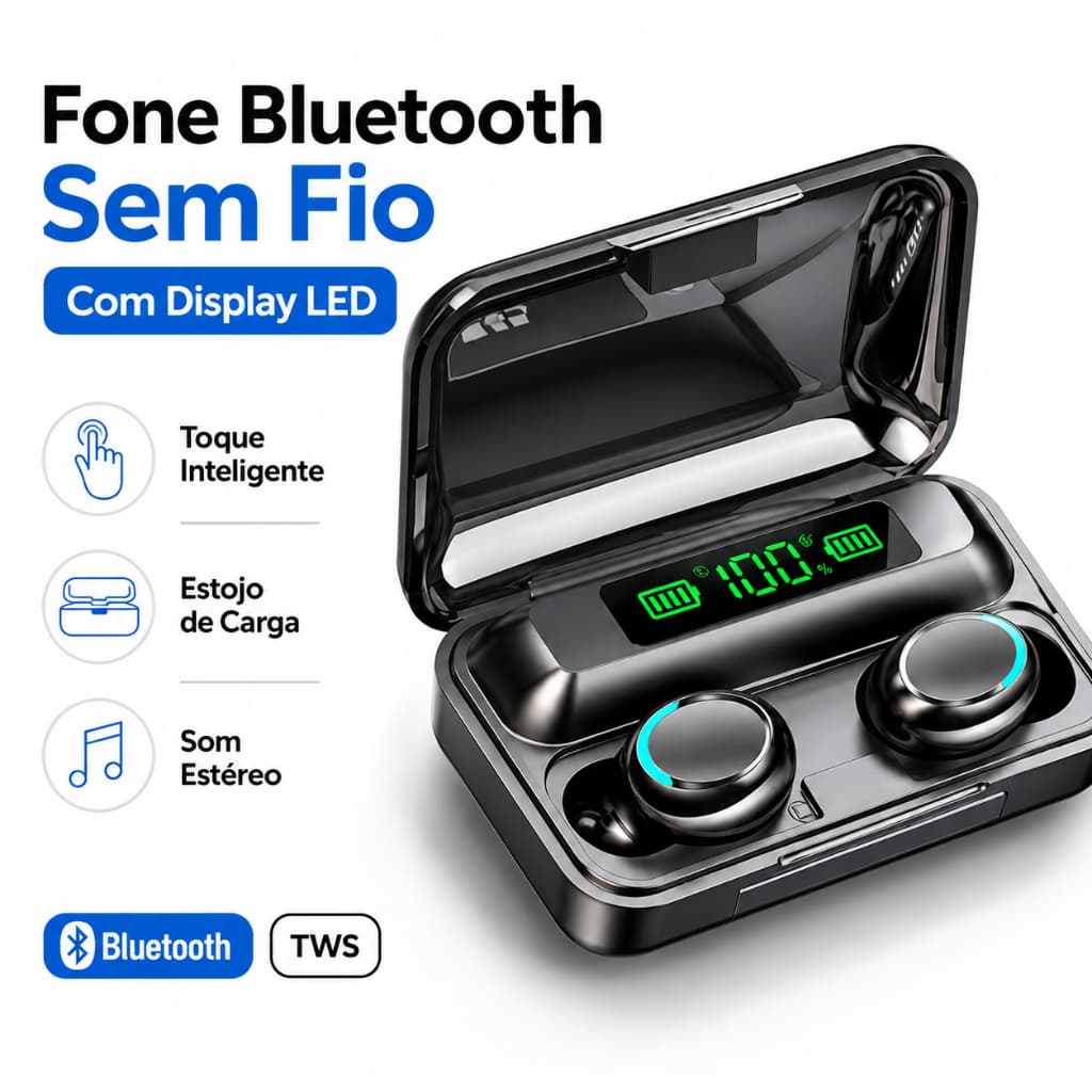 Fone de Ouvido Bluetooth 5.3 Sem Fio TWS F9-5 com Display LED, Função Power Bank e Resistente à Água
